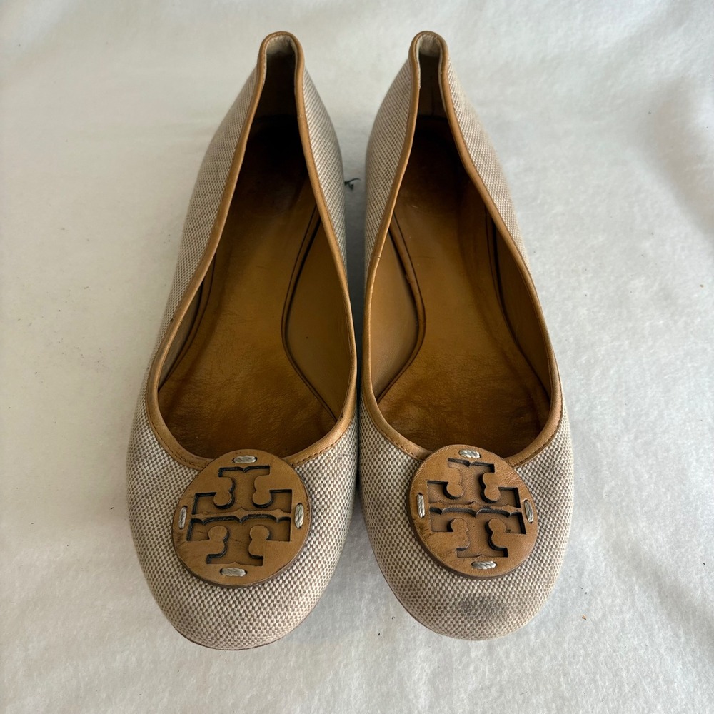 Tory Burch Reva Ballet Flats Tan Canvas Leather Logo Medallion Size 7M